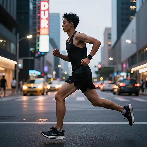Slender Athlete Running in Neon City