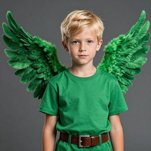 Photograph of a young blonde boy with green feathered angel wings, wearing a green shirt and brown belt, against a gray background.