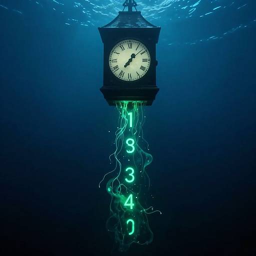 Photograph of an underwater clock with glowing green numbers (1-4) and tendrils, set against a deep blue, illuminated ocean background.