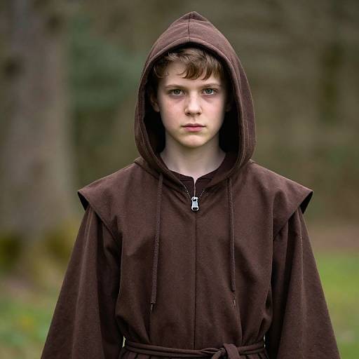 Photograph of a young, fair-skinned boy with brown hair wearing a dark brown hooded robe, standing in a blurred forest background. He has