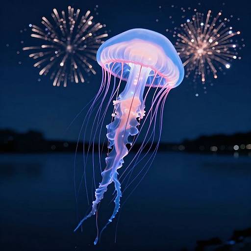 Photograph of a glowing blue jellyfish with long, translucent tentacles against a dark night sky, illuminated by colorful fireworks in the background.