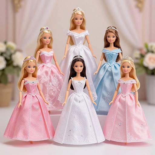 Photograph of five Barbie dolls in elegant dresses: four in pink and blue satin gowns, one in white lace, all wearing tiaras, standing