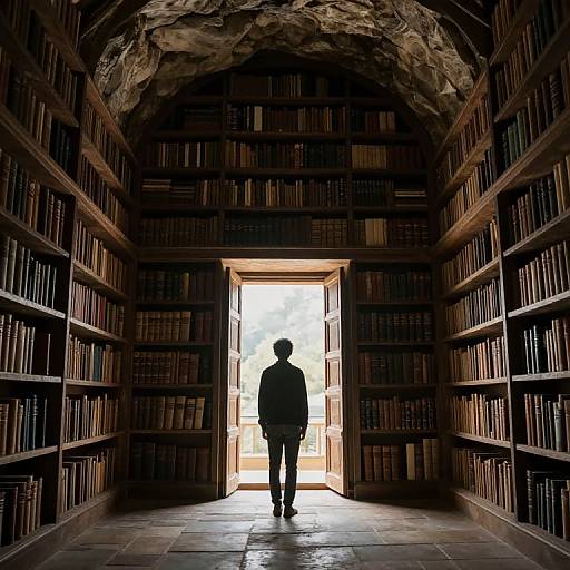 Photograph of a silhouetted person standing in the center of a dimly lit, arched library with tall bookshelves on both sides