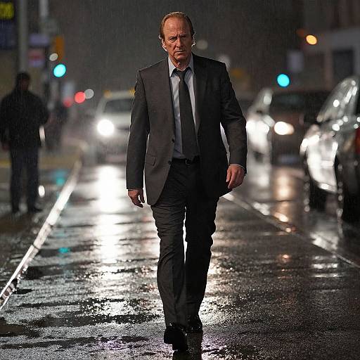 Photograph of a serious middle-aged man in a black suit and tie walking on a wet, rain-slicked city street at night, surrounded by