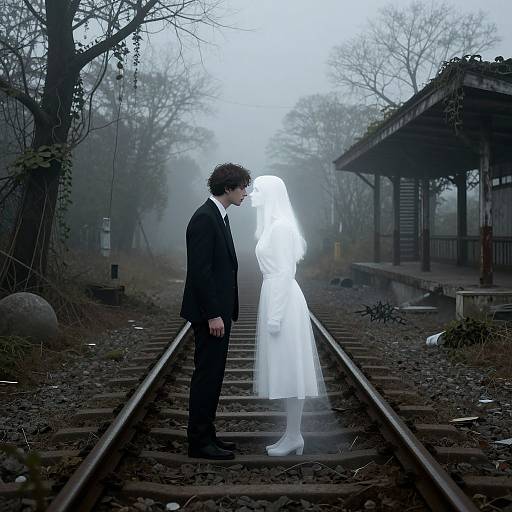 Photograph of a curly-haired groom in black suit, facing a glowing, ethereal bride in white dress and veil, on misty, deserted railway