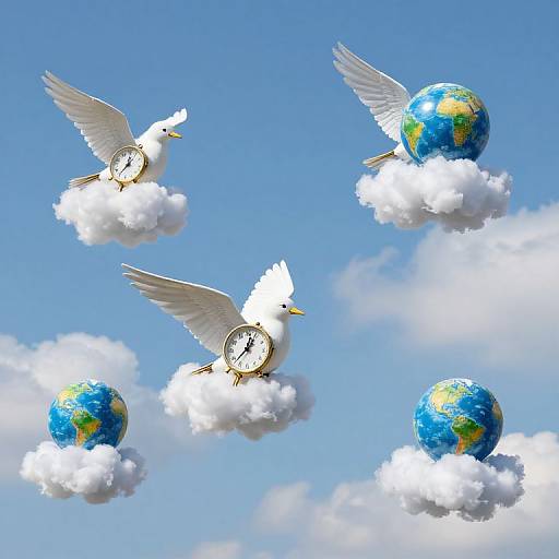 Photograph of four white doves with clocks on their legs flying on clouds, carrying blue and green globes, against a bright blue sky.