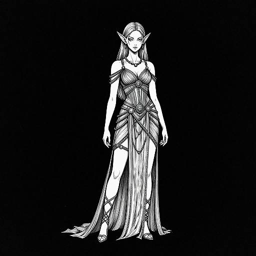 Black-and-white digital drawing of an elf woman with long hair, pointed ears, and a flowing, detailed dress, standing confidently against a black background.