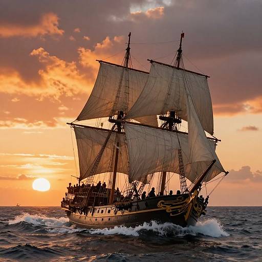 Photograph of a historic galleon with billowing sails sailing through choppy ocean waves at sunset, with vibrant orange and pink clouds in the background
