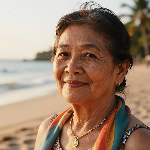 Photograph of smiling elderly Asian woman with dark hair, wearing colorful scarf, patterned top, gold necklace, and earrings, on sunny beach.