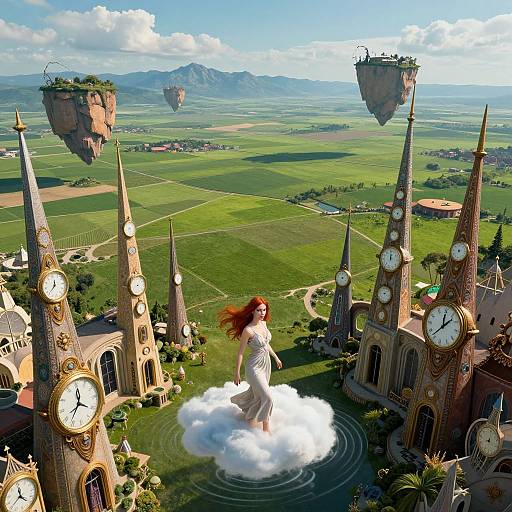 Fantasy aerial photograph of a red-haired woman in a white dress standing on a cloud, surrounded by floating clock-towers and islands over a vast green