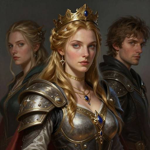 Digital art of a regal blonde queen with blue gem-encrusted crown and armor, flanked by serious-looking, brown-haired male warriors.