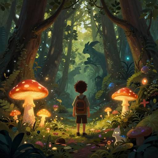 Digital illustration: Curious child with backpack, dark curly hair, gazes at glowing forest, illuminated by vibrant red mushrooms, enchanted creatures, and twink