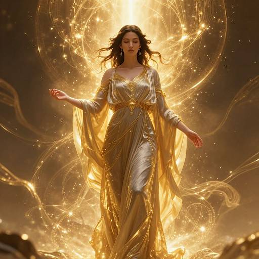 Photorealistic digital art of a goddess-like woman with flowing brown hair, wearing a shimmering gold dress, surrounded by glowing, ethereal golden light