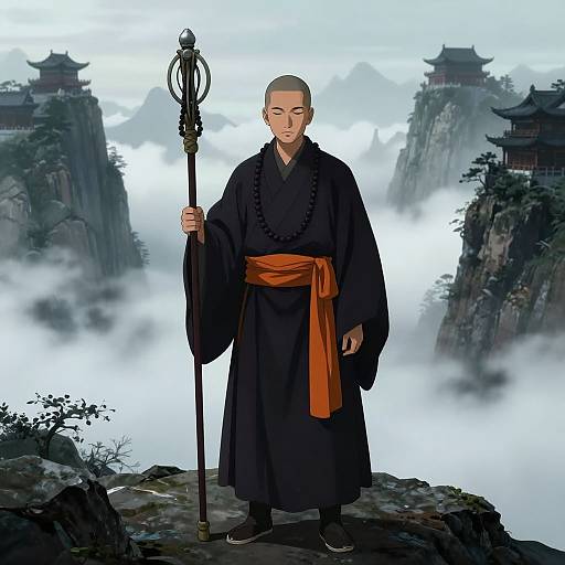 Digital illustration of a bald, serious-looking monk in black robes with a red sash, holding a staff, standing on a misty cliff with traditional