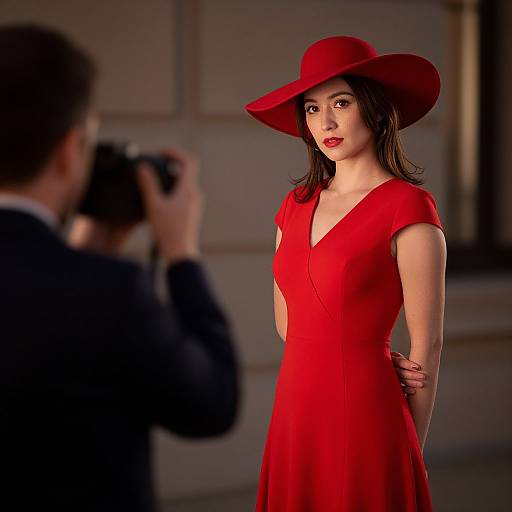 Photograph of a fair-skinned woman with black hair, wearing a vibrant red dress and wide-brimmed red hat, being photographed by a man