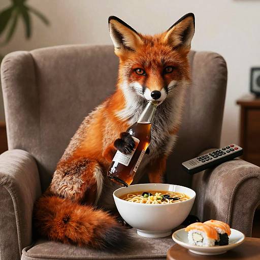Mischievous Fox Sipping in Armchair