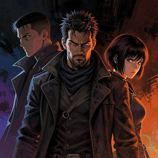 Digital anime-style illustration of three serious-looking characters with dark hair, wearing black jackets, standing back-to-back against a dark, colorful background with blue and
