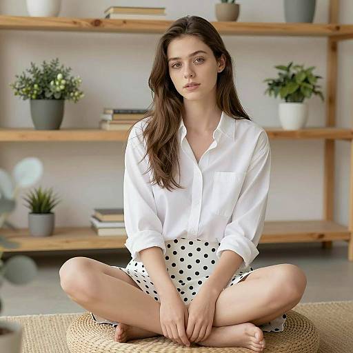 Young Woman Sitting Cross-Legged on Cushion