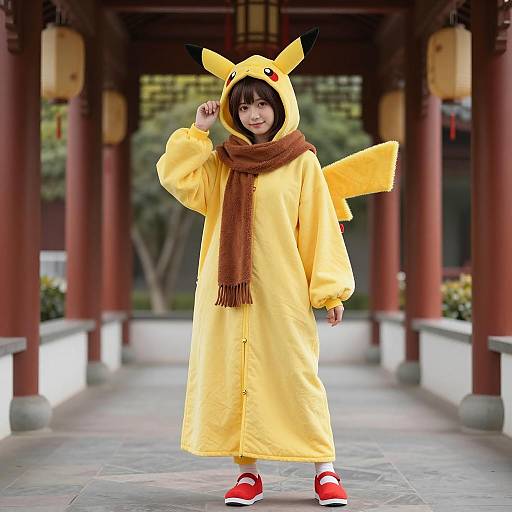 Pikachu Costume Woman in Asian Hallway