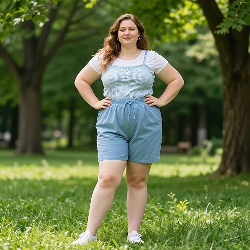 Photograph of a smiling, plus-size woman with long brown hair, wearing a white checkered top and light blue shorts, standing confidently in a sun