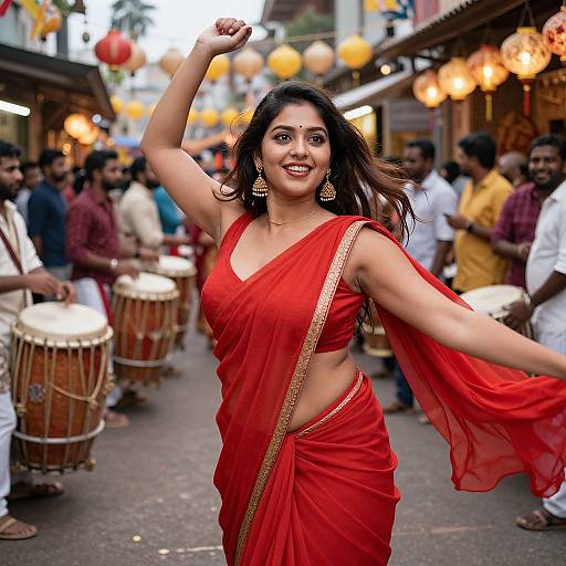 Photograph of a smiling Indian woman in a red saree dancing in a vibrant street festival, surrounded by drummers and lanterns.