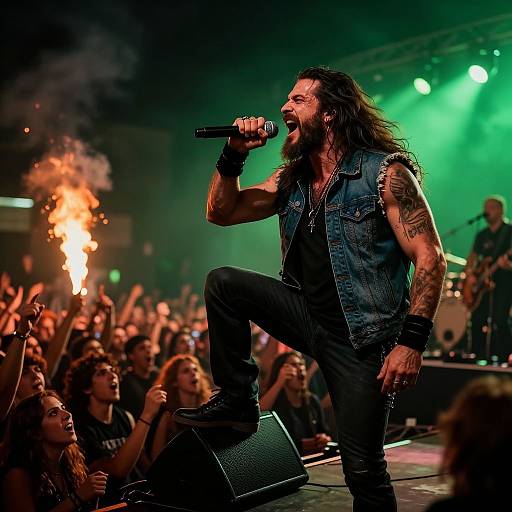 Photograph of a muscular, tattooed male rock singer with long black hair, denim vest, and black pants, passionately singing into a microphone on a