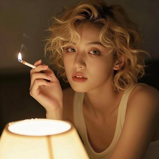 Blonde Woman Smoking by Lamp Light