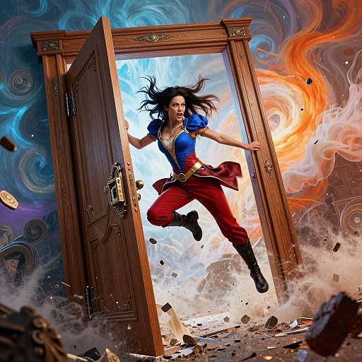 Dynamic digital artwork of a fierce, long-haired woman in blue top, red pants, and boots, leaping through a wooden door into swirling blue and