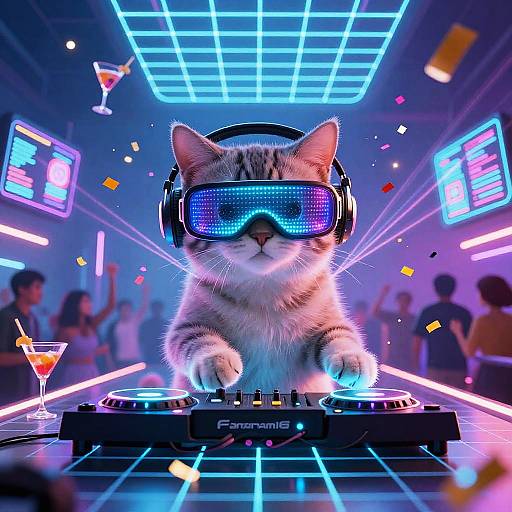Futuristic Cat DJ in VR Nightclub