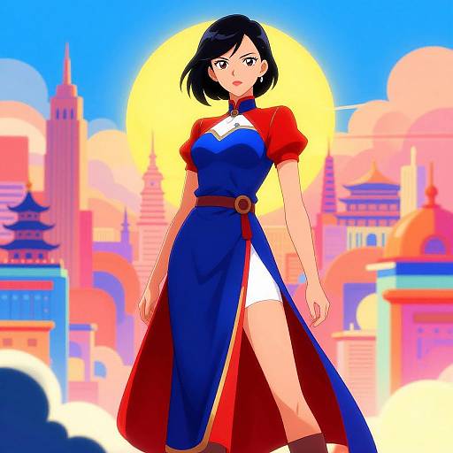 Digital anime-style drawing of a black-haired woman in a blue dress with red sleeves and white underlay, standing against a vibrant cityscape with a large