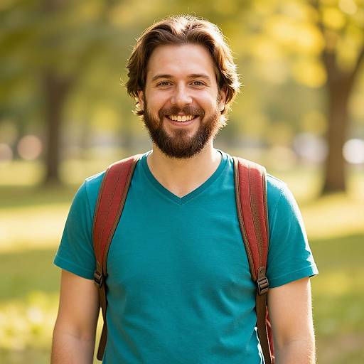 Photograph of smiling bearded man with medium-length brown hair, wearing a teal V-neck t-shirt, red backpack, standing in a sunlit park