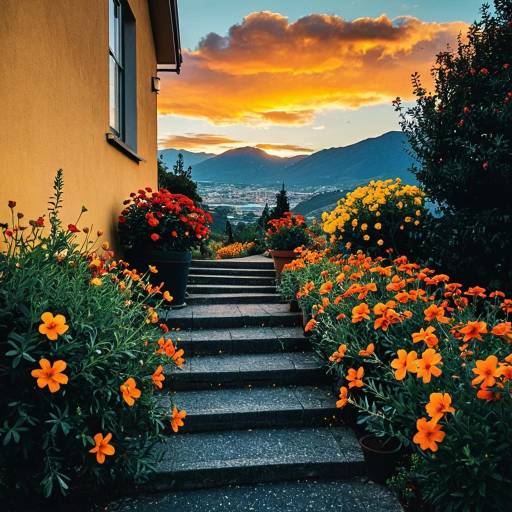Sunset Garden Steps with Orange Flowers