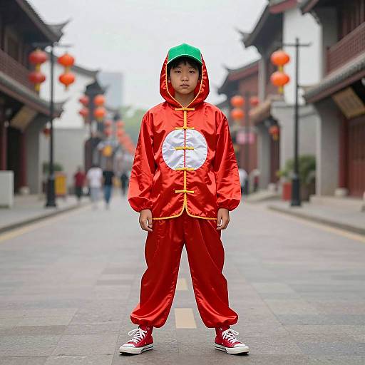 Kid in Sriracha Costume on Urban Street