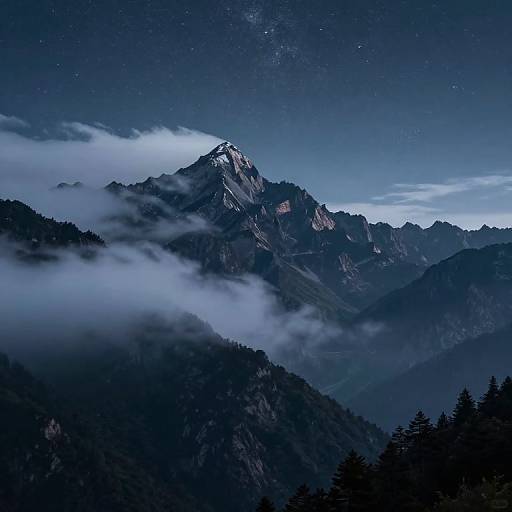 Photograph of a nighttime mountain range with snow-capped peaks, surrounded by misty clouds, and a starry sky. Dark blue hues dominate the