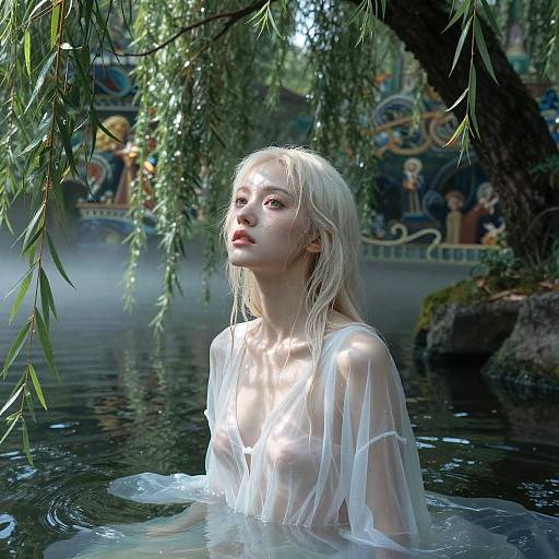 Photograph of a pale, wet, blonde woman in a sheer white top, standing in a misty, lush, tree-lined pond with colorful,