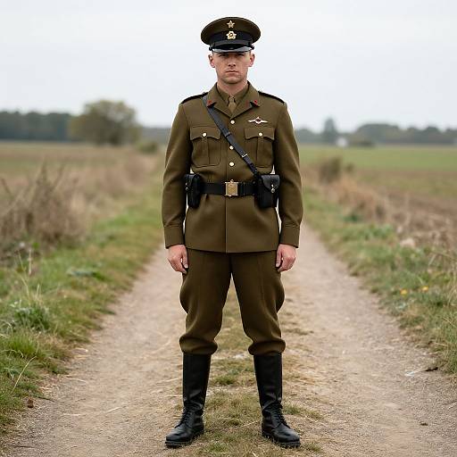 Photograph of a stern-looking male soldier in olive-green military uniform, black boots, and cap, standing on a dirt path in a rural field.