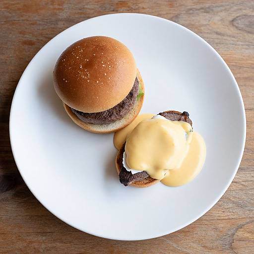 Photograph of a white plate with a burger and a grilled cheese sandwich, on a wooden table. Burger has a brown bun and dark patty,