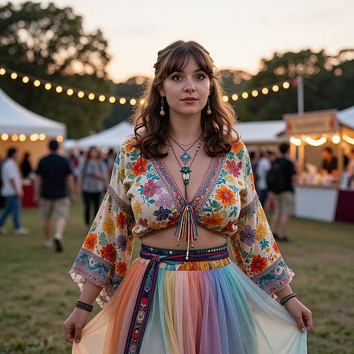 Photograph of a woman with wavy brown hair, wearing a floral crop top and multicolored tulle skirt, standing in a twilight outdoor festival