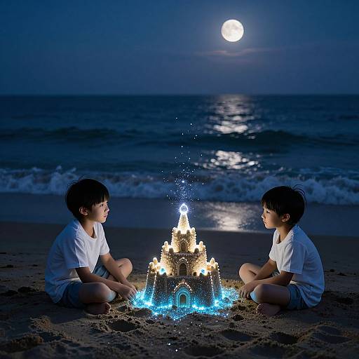 Photograph of two Asian boys in white shirts sitting on a moonlit beach, facing a glowing, candlelit sandcastle with blue lights.
