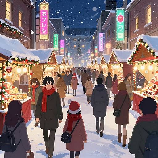 Festive Anime Snowy City Street