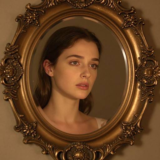 Photograph of a young woman with fair skin and brown hair in an ornate, gold-framed oval mirror, soft lighting, neutral expression.