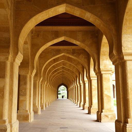 Photograph of a long, sunlit, arched corridor with repeated stone arches creating a symmetrical, rhythmic pattern, leading to a bright