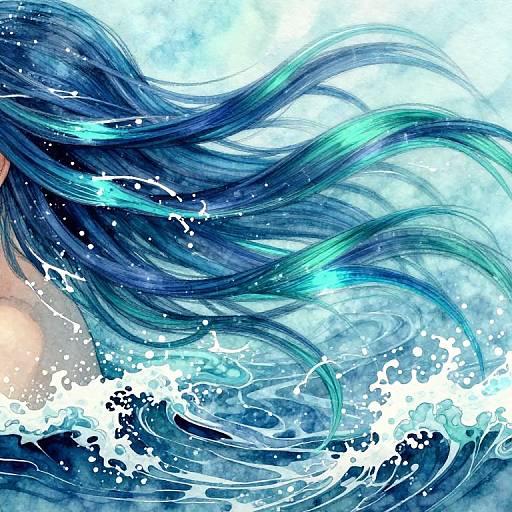 Digital anime-style artwork featuring long, flowing blue and teal hair blending into dynamic ocean waves with white splashes.