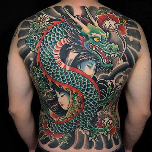 Vivid back tattoo of a green dragon with red accents, surrounding a blue-haired woman, traditional Japanese style, colorful and detailed.