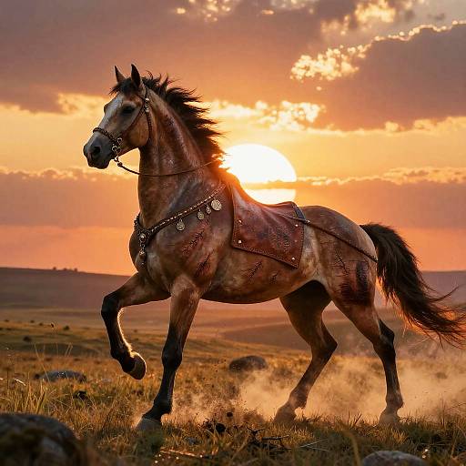 Photograph of a powerful, brown horse with black mane and tail, wearing a leather saddle with silver studs, galloping at sunset over a grass