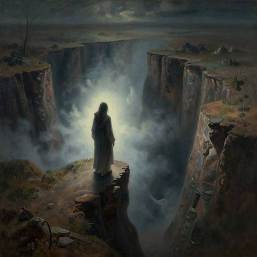 Digital painting of a silhouetted figure standing on a cliff, overlooking a misty, eerie canyon with distant ruins under a cloudy night sky.