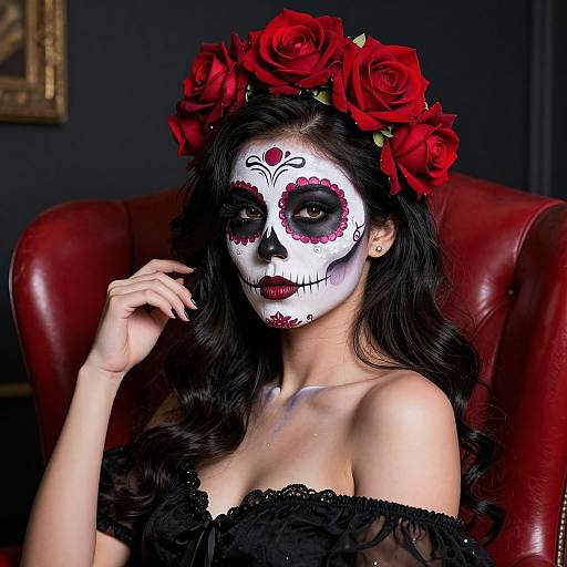 Photograph of a woman with white face paint, red floral Day of the Dead design, red rose headpiece, black lace dress, sitting in a
