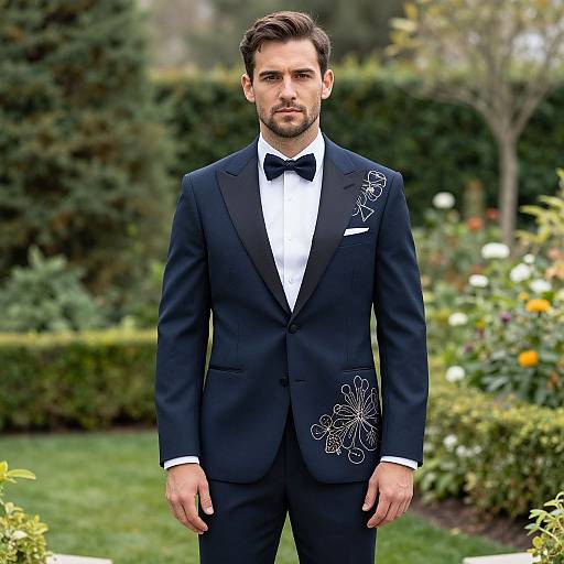 Photograph of a handsome man with short brown hair, light beard, wearing a black tuxedo with floral embroidery, black bow tie, standing in