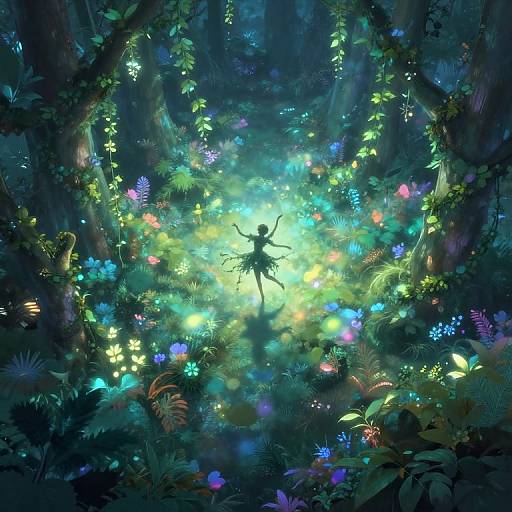 Digital fantasy artwork of a silhouetted fairy with glowing wings, surrounded by vibrant, bioluminescent flowers and foliage in a magical forest.
