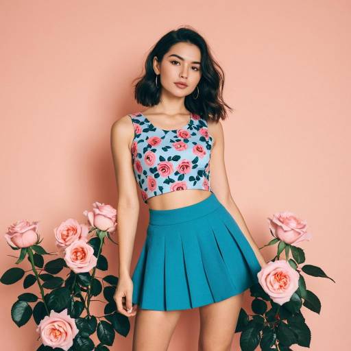 Young Woman in Floral Crop Top and Blue Skirt with Pink Roses